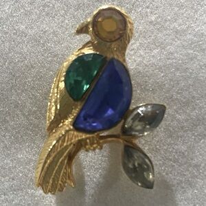 Tiny 1.25" Gold Tone Vintage Bird Brooch  Pin Blue Green Gold & Gray